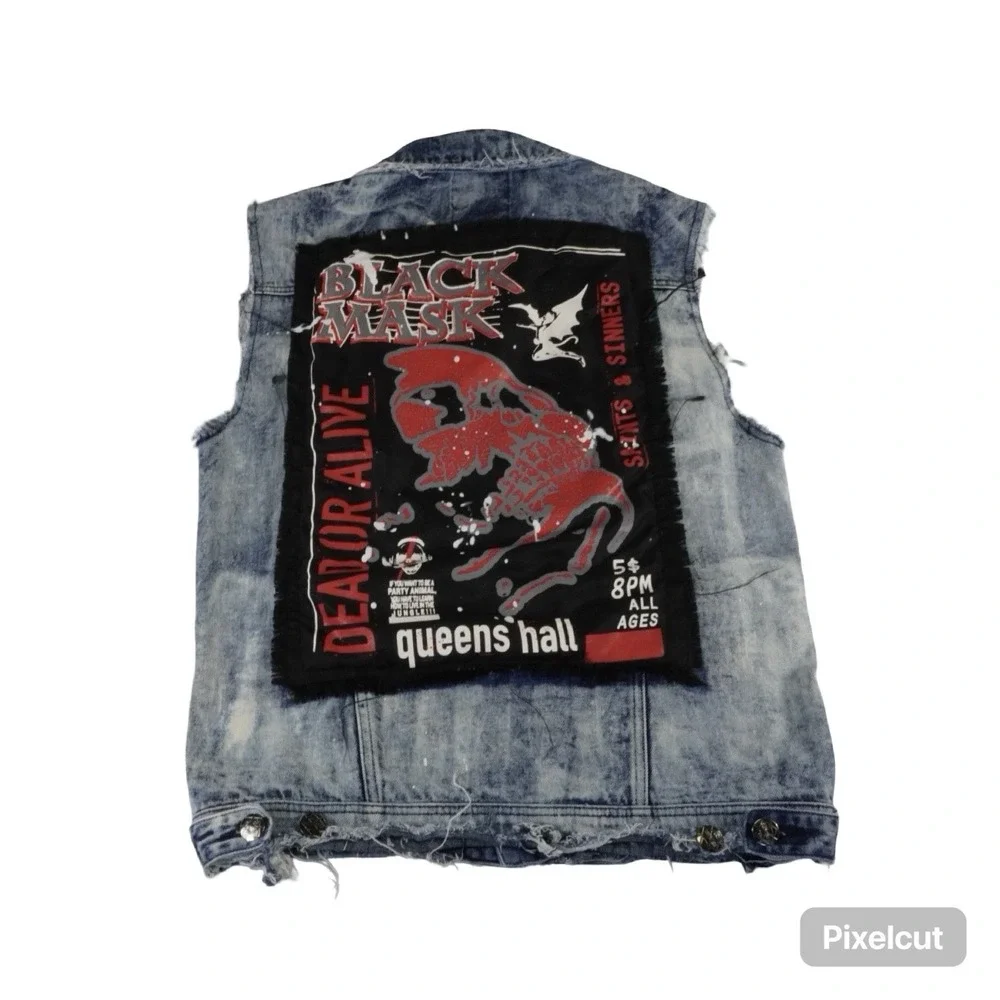 Imperious Denim Vest Men's Large Rolling Stones Patch Acid Wash Distressed Punk‎